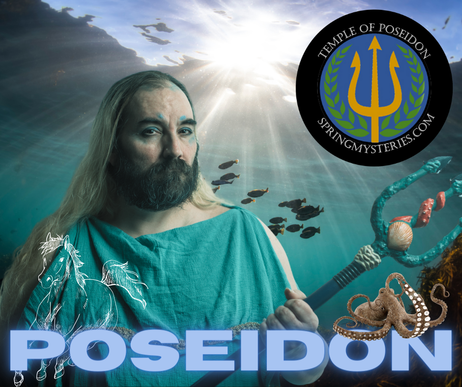A poster of a man dressed as poseidon holding a trident