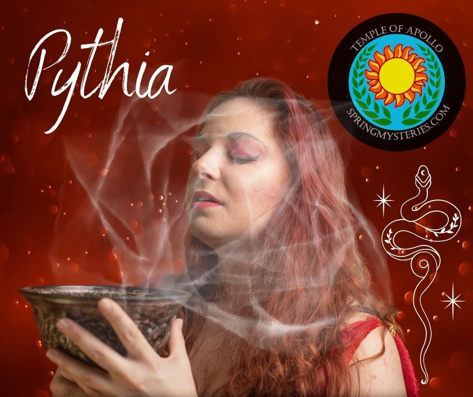 A woman holding a bowl with the word Pythia on it, Titania Thunderlily representing Pythia.