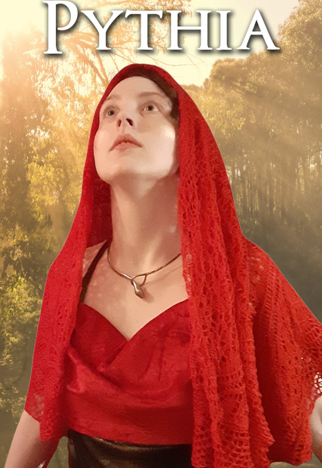 A woman wearing a red headdress representing Pythia.