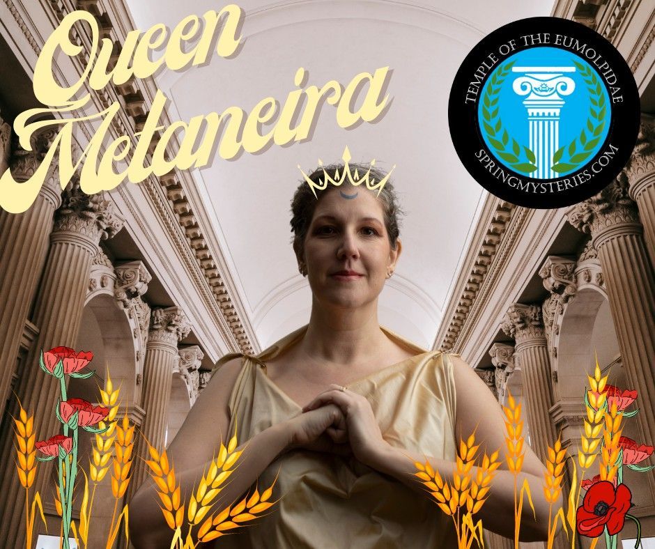 A woman is standing in front of a building with the words queen melaneira written on it