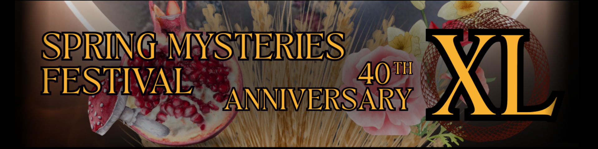 Spring mysteries festival 39 is written in yellow on a black background