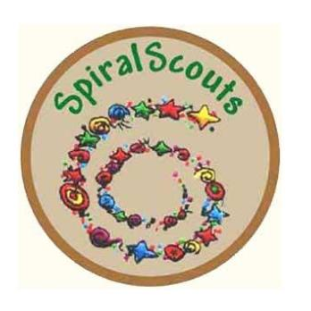 The logo for spiral scouts is a circle with a spiral and stars on it.