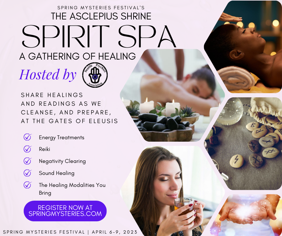 A poster for a gathering of healing called the asclepius shrine spirit spa