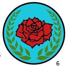 A red rose is in a blue circle with a laurel wreath around it.