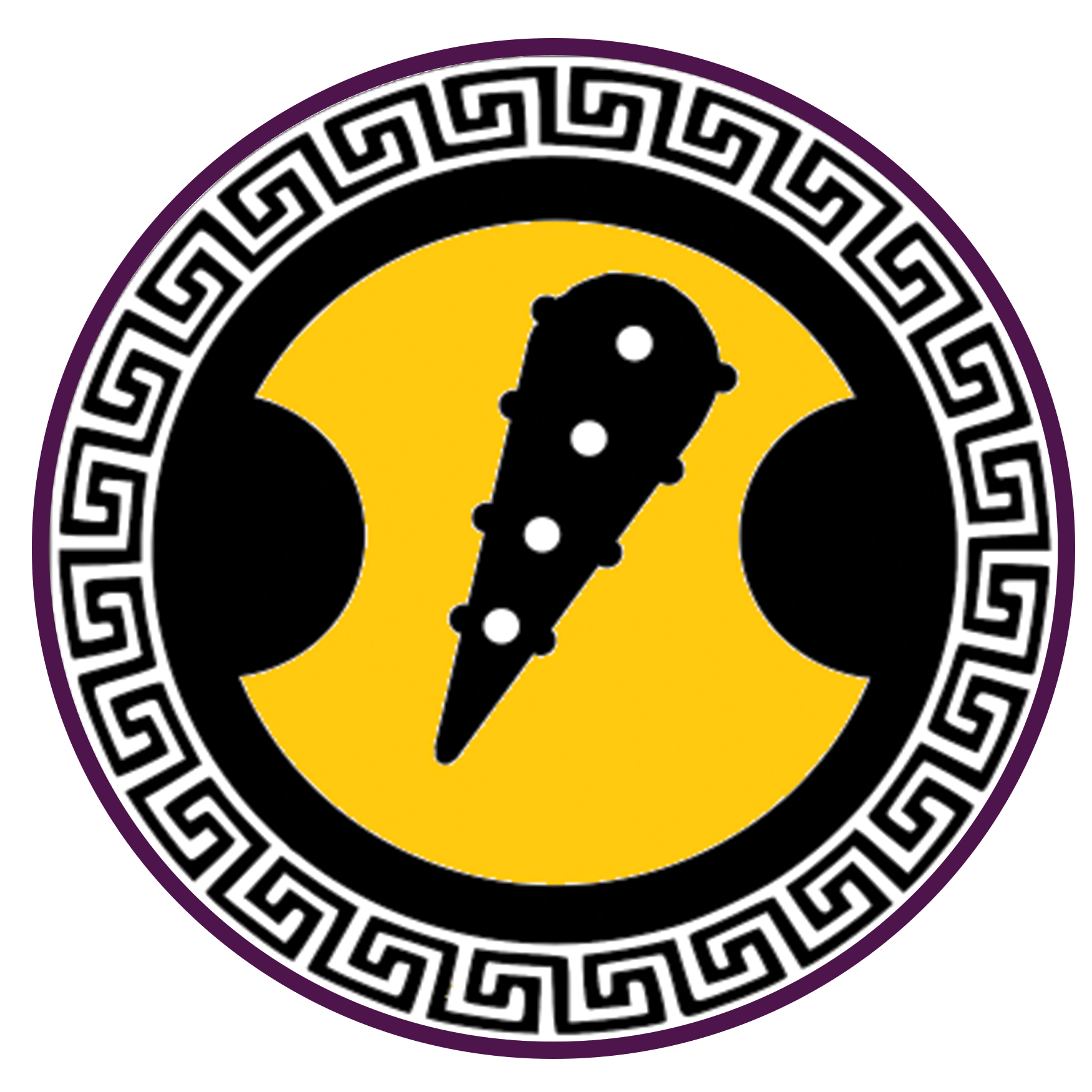 A black and yellow logo with a purple border and a greek key pattern.