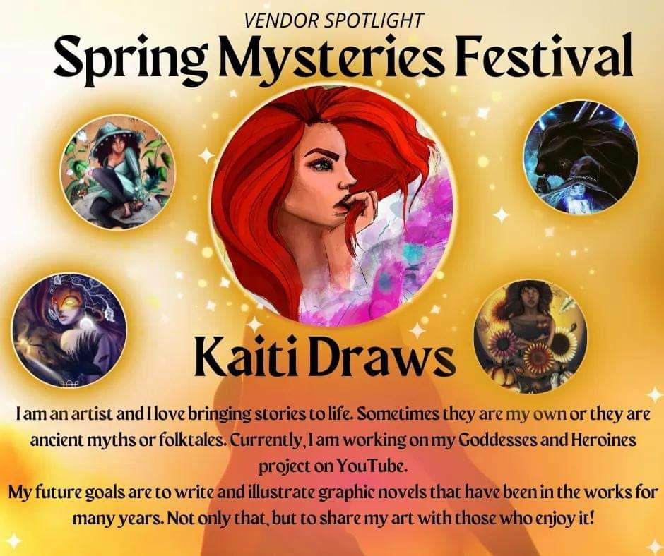 A poster for the spring mysteries festival with Kaiti Draws