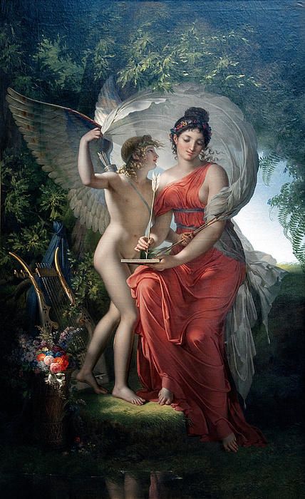 A woman and a man representing Cupid.