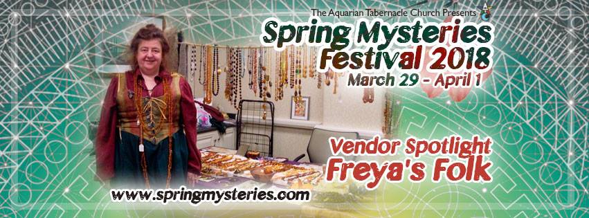 A woman is standing in front of a table at a spring mysteries festival, Freys'a Folk