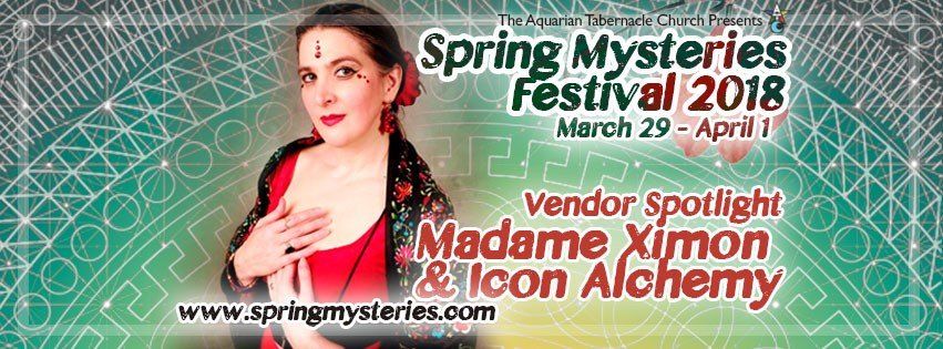 A woman is standing in front of a sign that says spring mysteries festival 2018, Madame Ximon.