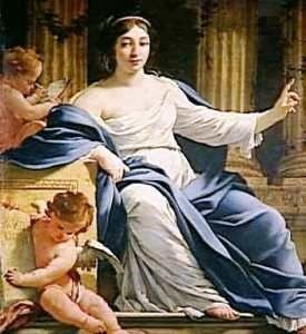 A painting of a woman sitting on a throne with two cherubs.