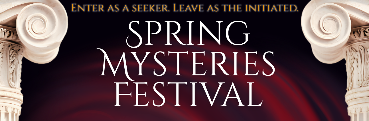 Spring mysteries festival 39 is written in yellow on a black background