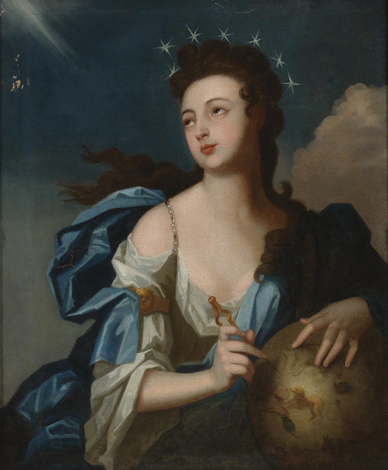 A painting of a woman in a blue dress holding a globe