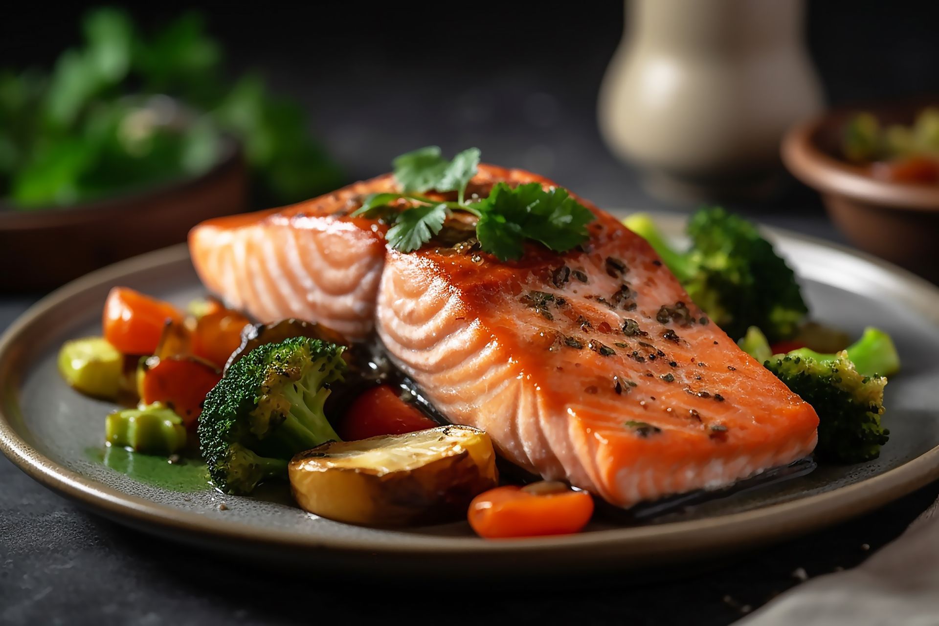 a close up of a plate of salmon and vegetables on a table .