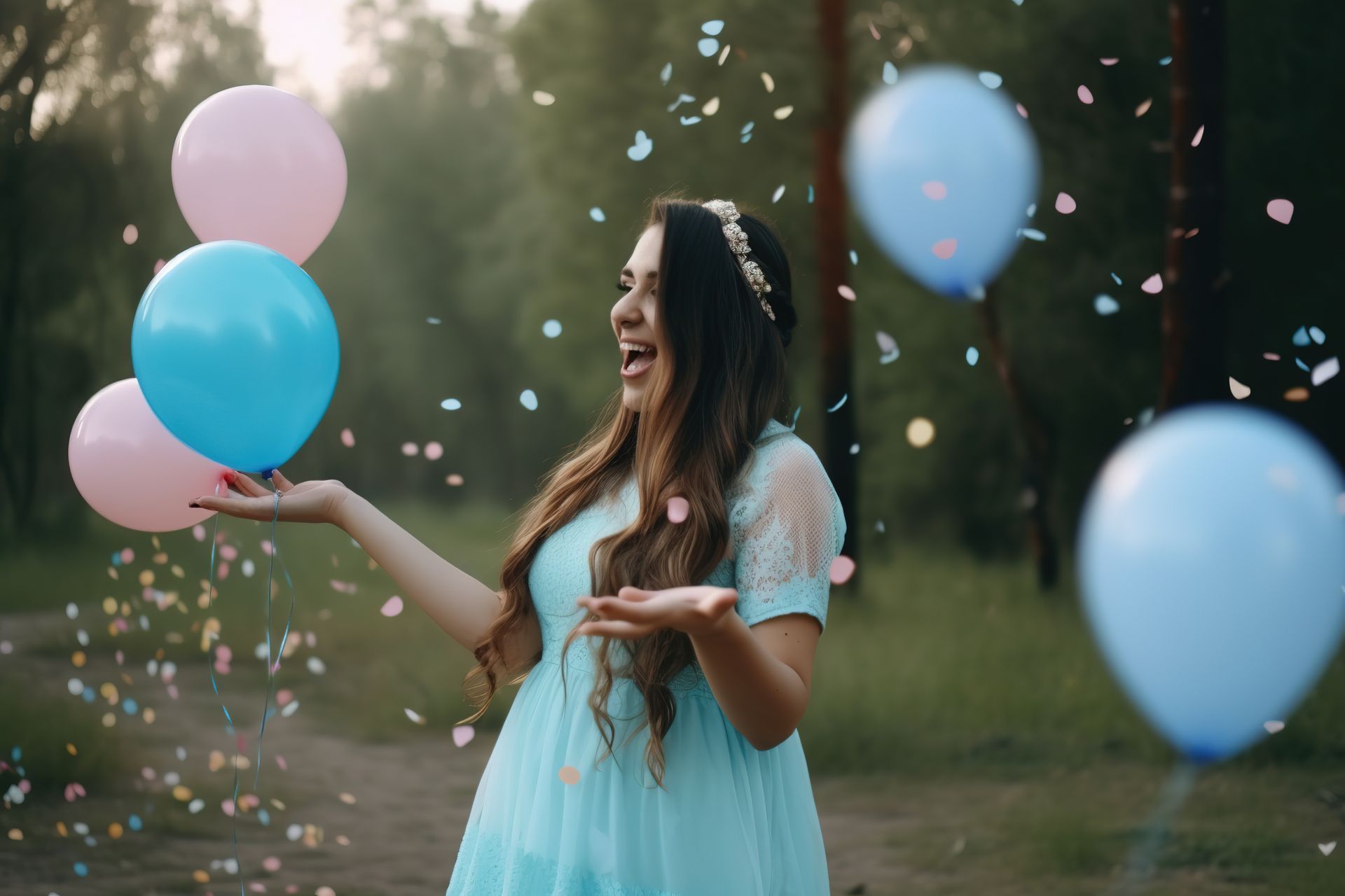 a pregnant woman in a blue dress is holding pink and blue balloons and confetti .