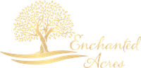 the logo for enchanted acres shows a tree with leaves on it .