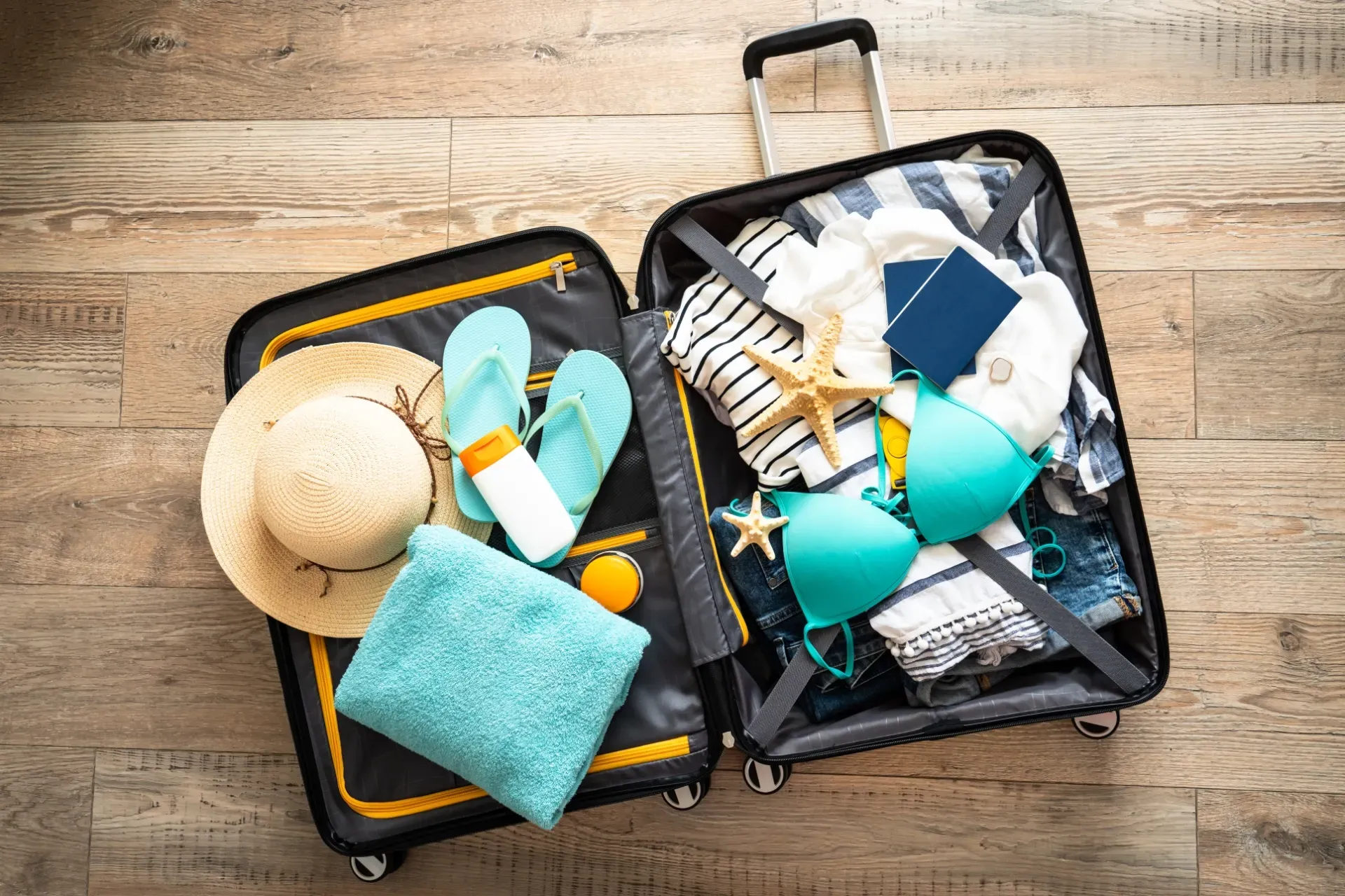 open luggage bag with clothes