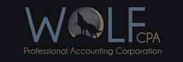 Logo of Wolf CPA with a howling wolf in front of a moon. Text says Professional Accounting Corporation. Redlands, CA