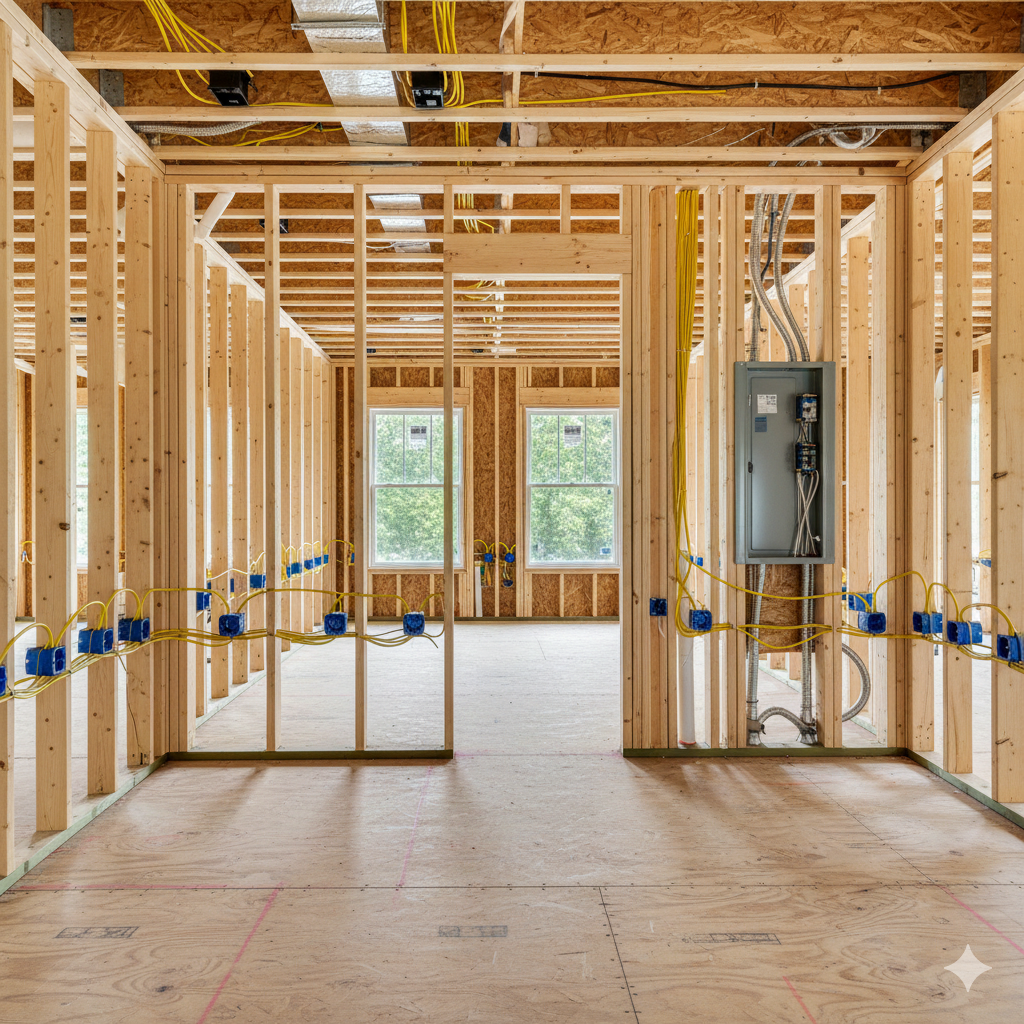 Interior view of a building under construction, showing wooden framing, electrical wiring, and a circuit breaker box.