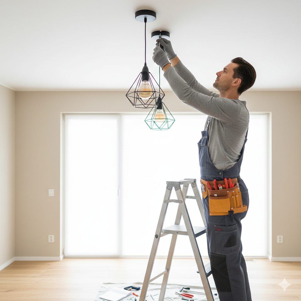 A person installing a pendant light fixture while standing on a stepladder in a room with a large window.