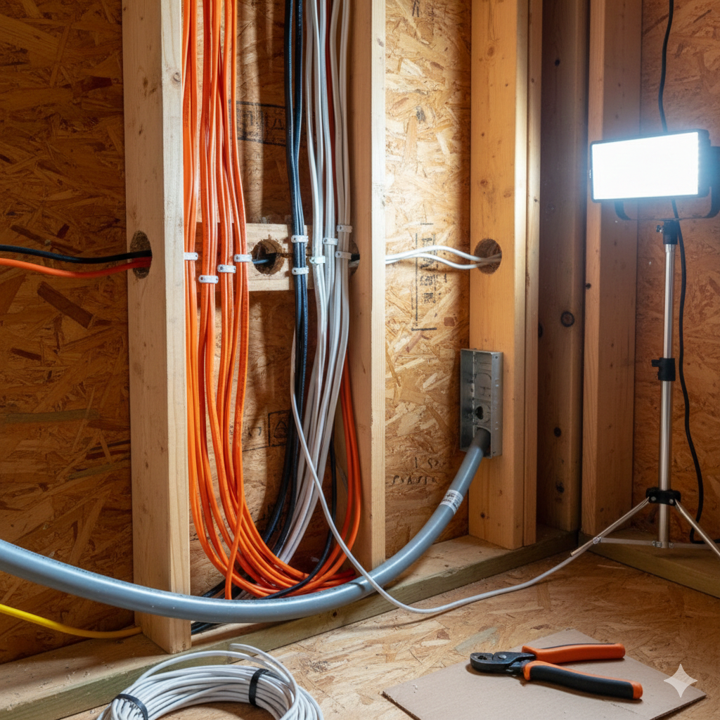 Electrical wiring installation in a wooden framed wall. Orange and white cables run through drilled holes.