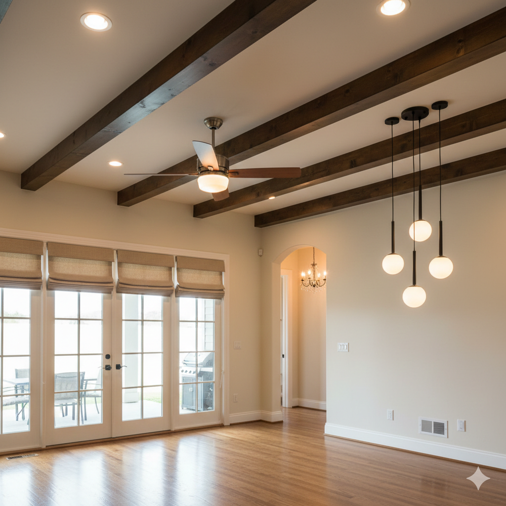 Empty room with wood beams, french doors, ceiling fan, pendant lights, and hardwood floor.