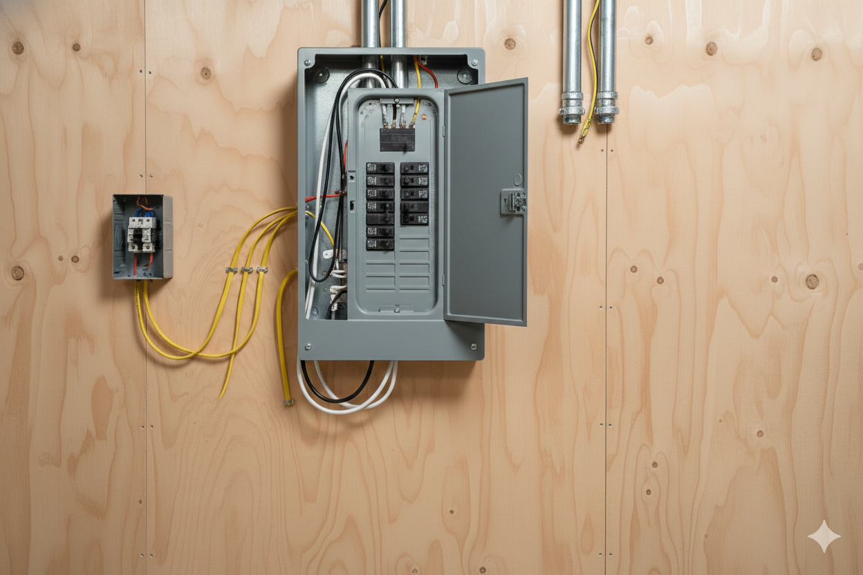 Electrical panel with open door on a wood-paneled wall, showing circuit breakers and wiring.