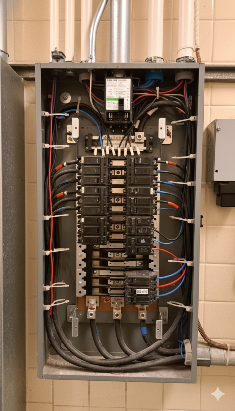 Electrical panel with circuit breakers and wires. Grey metal box mounted on a tiled wall.