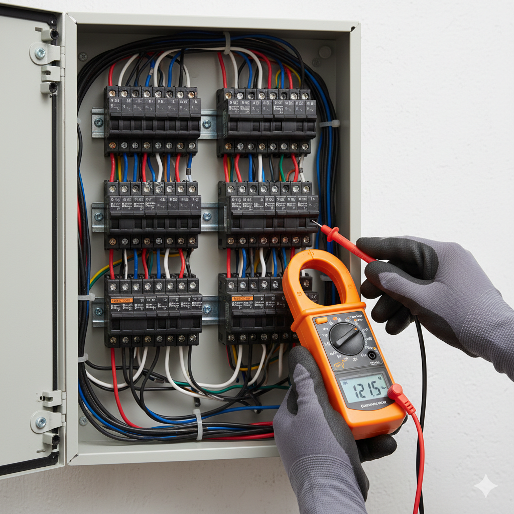 Electrician using a multimeter to test wires inside an electrical panel.