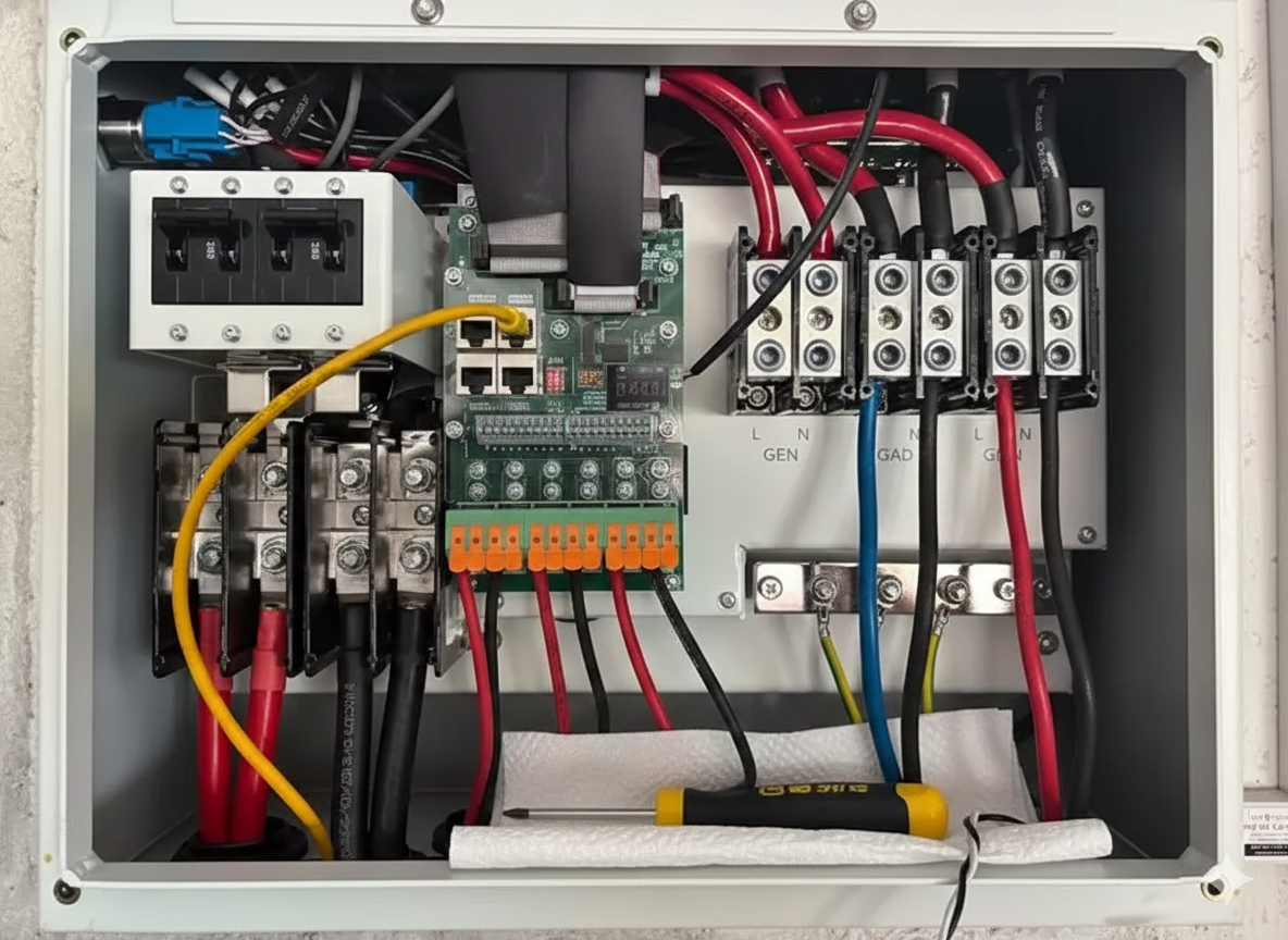 Electrical box with red, black, and yellow wires connected to terminal blocks and a circuit board.
