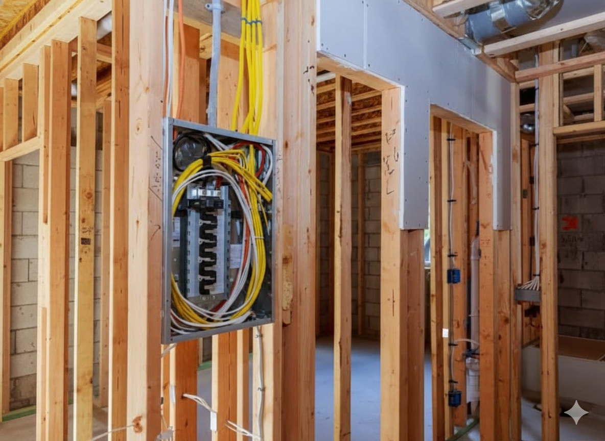 Electrical panel installed in a wooden house frame, with wires and cables visible.