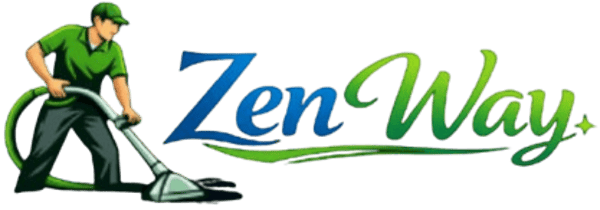 Logo for Zen Way cleaning service: Person in green uniform using carpet cleaner next to company name.