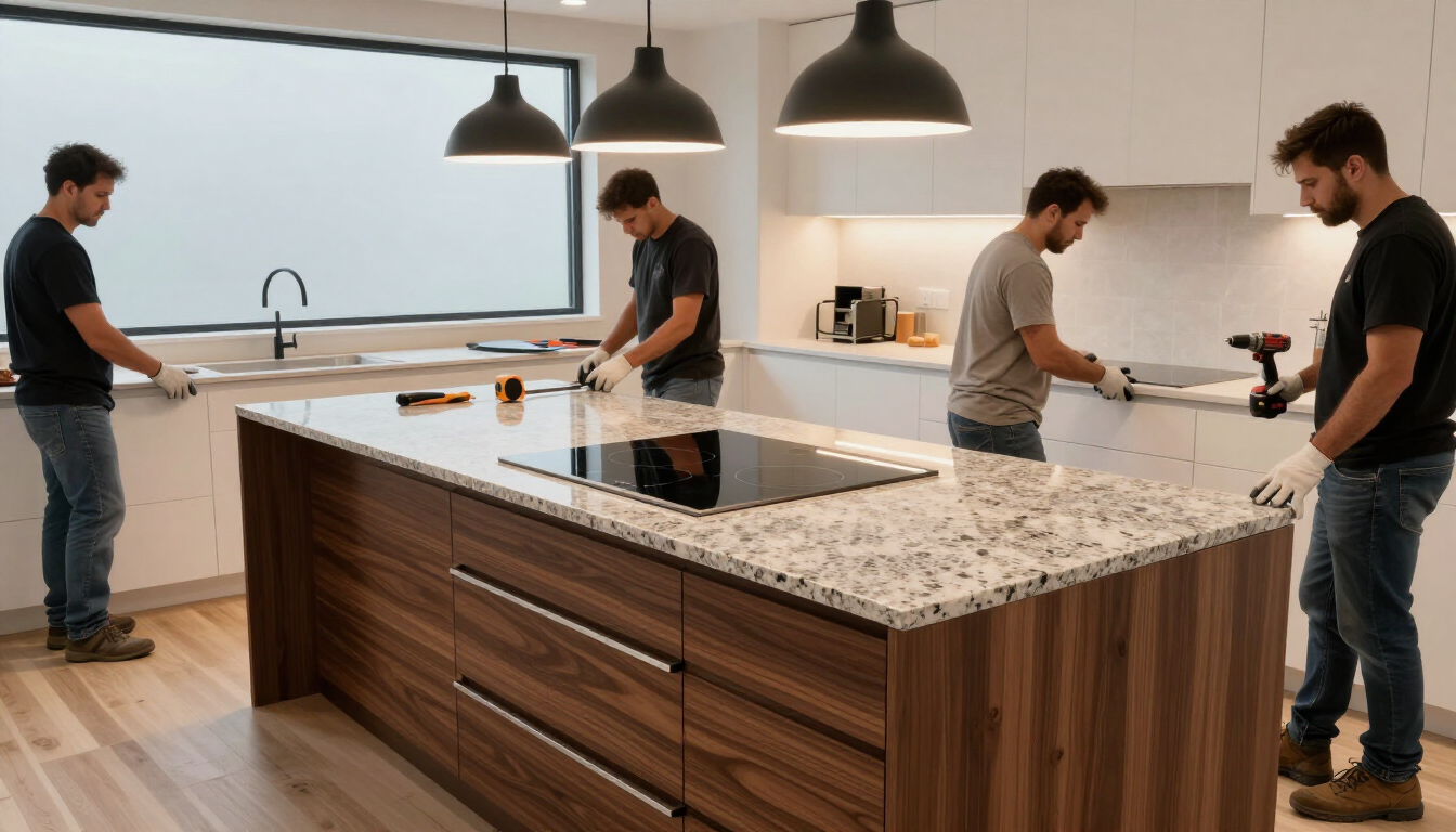 Workers installing a large kitchen island countertop in a modern kitchen during kitchen and bathroom remodeling in Surprise, AZ