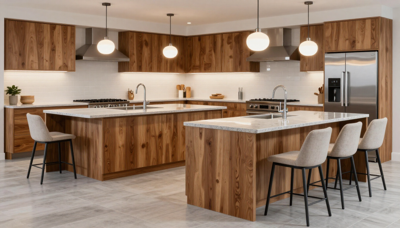 Finished kitchen with wood cabinets, island seating, pendant lights, and modern finishes after kitchen and bathroom remodeling in Surprise, AZ