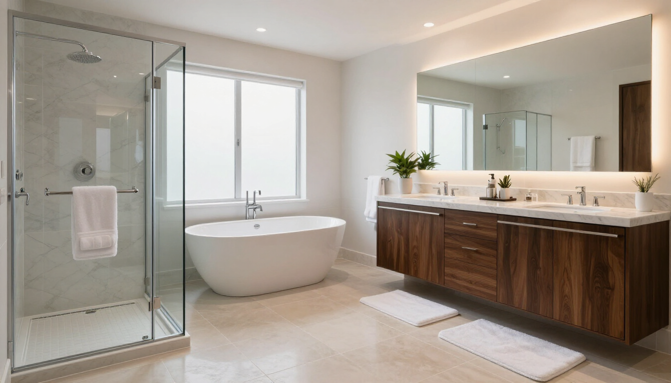 Modern master bathroom with glass shower, freestanding tub, wood vanity, and mirrors after kitchen and bathroom remodeling in Surprise, AZ