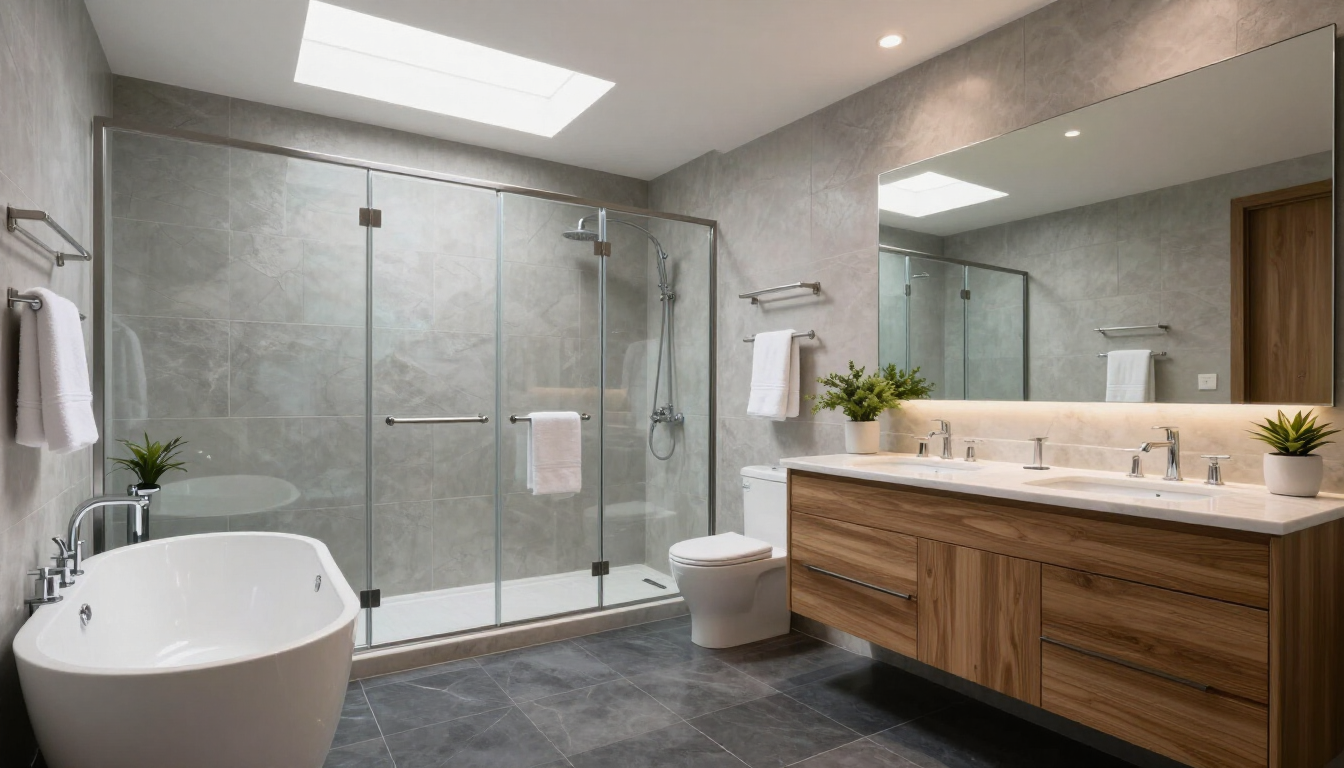 Updated master bathroom with large glass shower, double vanity, and bright tile finishes from kitchen and bathroom remodeling in Surprise, AZ