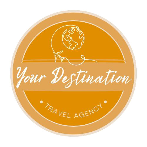 Orange travel agency logo with globe, airplane, and