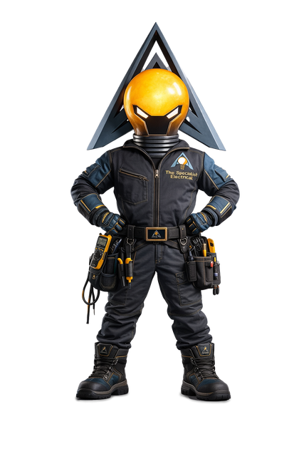 A costumed figure with a yellow bulbous head, a large triangular headpiece, and a navy jumpsuit with utility pouches.