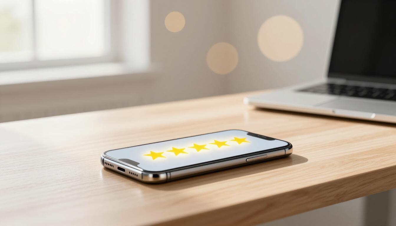 Smartphone displaying five star online reviews