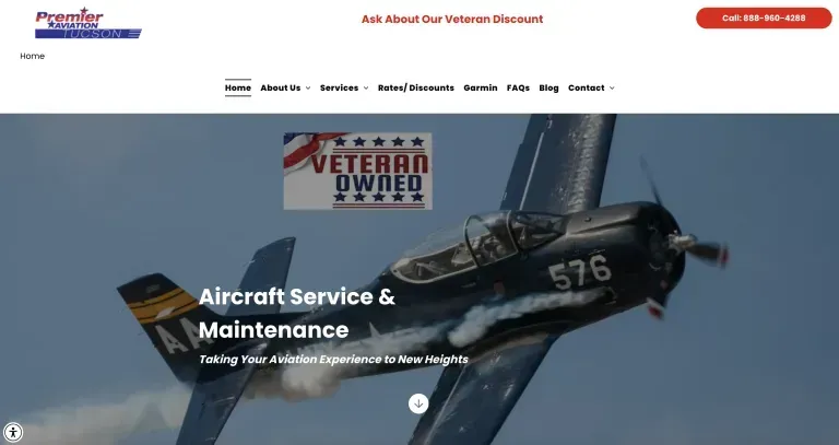 Vintage military aircraft in flight over a website hero banner for aircraft service and maintenance
