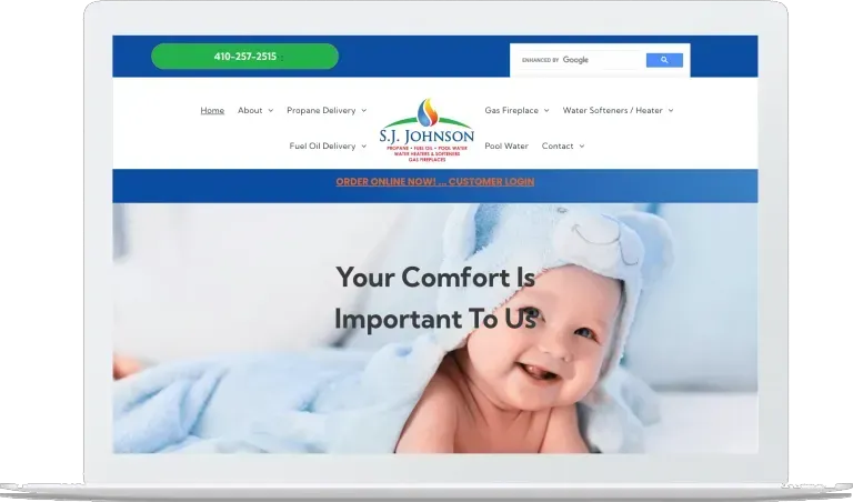 Website homepage with baby photo and headline “Your Comfort Is Important To Us”
