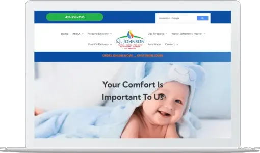 Website homepage with baby photo and headline “Your Comfort Is Important To Us”