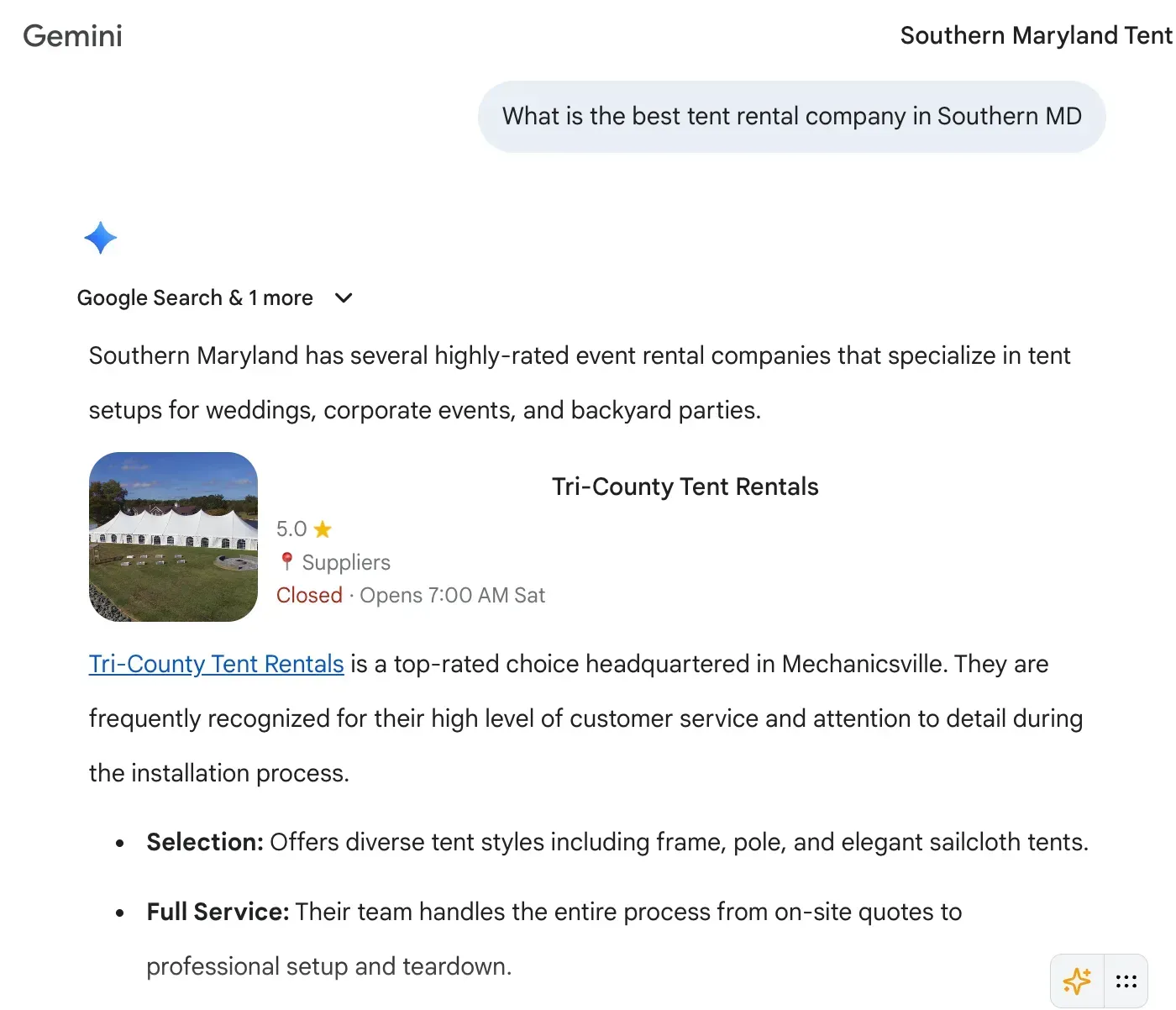 Google search result for “Tj-County Tent Rentals” with a tent rental listing and thumbnail image in Southern Maryland.