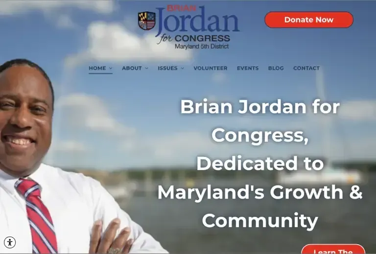 Brian Jordan campaign homepage with smiling candidate, red tie, and “Donate Now” button