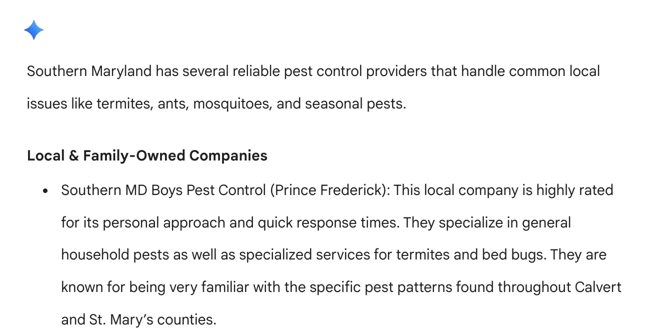 Screenshot of text listing Southern Utah pest control services for ants, termites, rodents, and mosquitoes