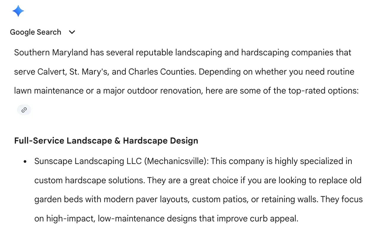 Screenshot of Google Search results listing landscaping companies and a “Full-Service Landscaping & Hardscape Design” section