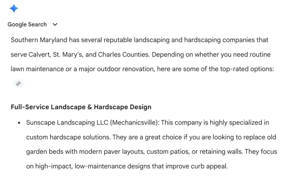 Screenshot of Google Search results listing landscaping companies and a “Full-Service Landscaping & Hardscape Design” section