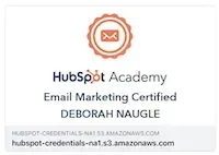 HubSpot Academy email marketing certified badge with orange seal and Deborah Naugle name