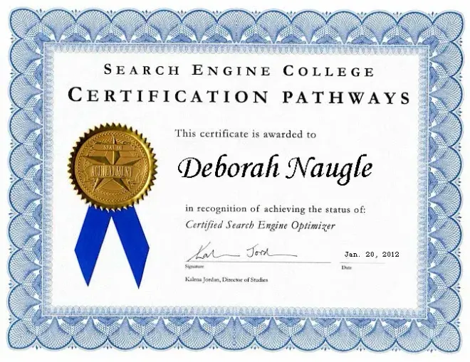 Search Engine College certification honoring Deborah Walle, with gold seal and blue ribbon on blue ornate border.