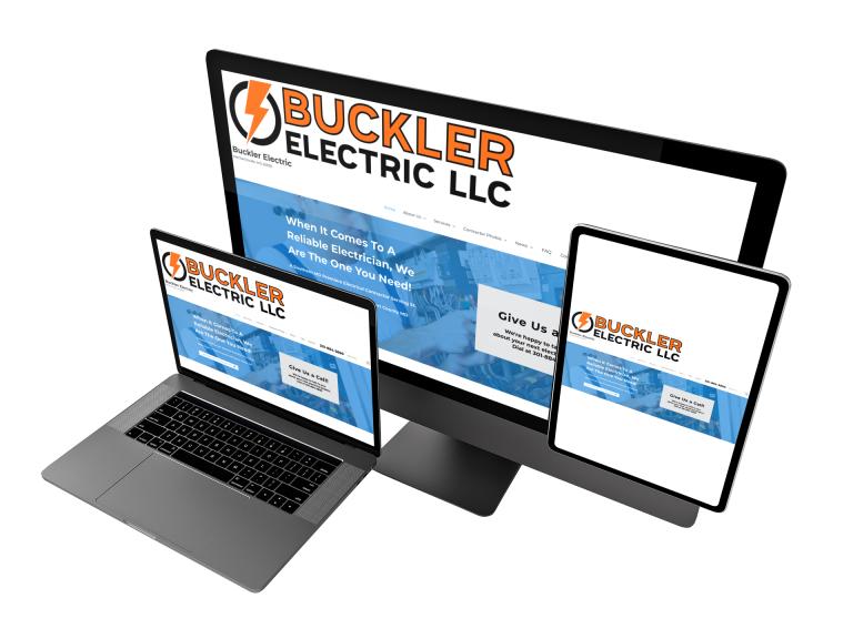 Buckler Electric LLC branding on desktop, laptop, and tablet screens in blue, orange, and white