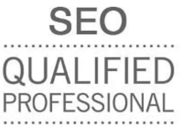 SEO qualified professional text logo in gray and black with dotted divider lines
